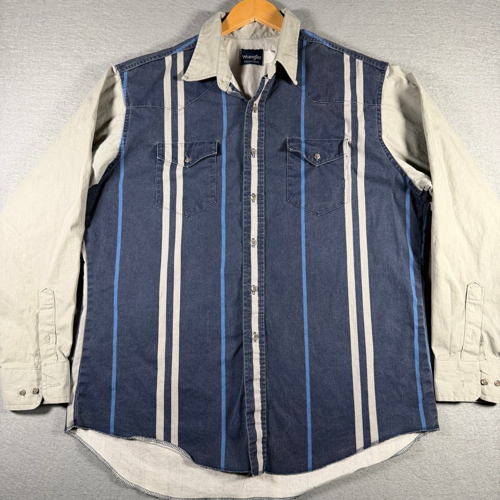 Wrangler Western Brushpopper Shirt Mens‎ XL Navy Khaki Striped Long Sleeve 14027
